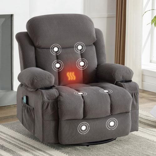 Gray Velvet Recliners Massage Heated Reclining with USB and 2-Cup Holders