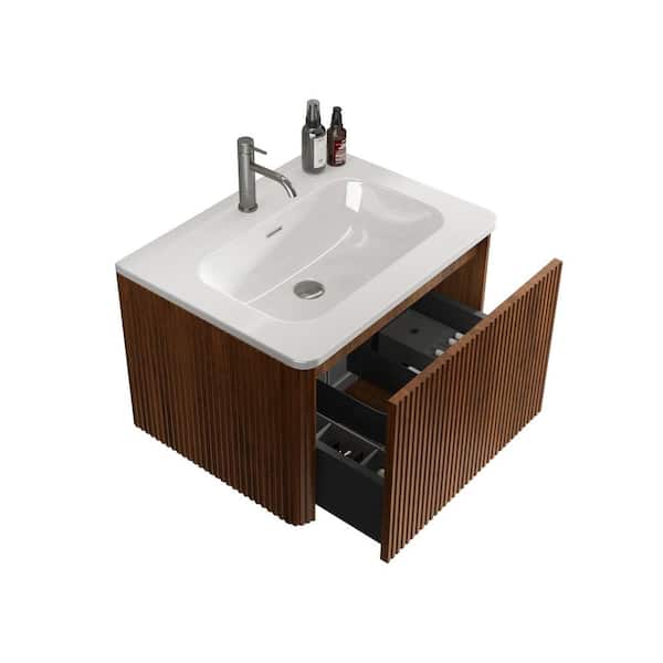 24 in. W Single Sink Wall Mounted Walnut Bath Vanity with White Ceramic Top Unassembled
