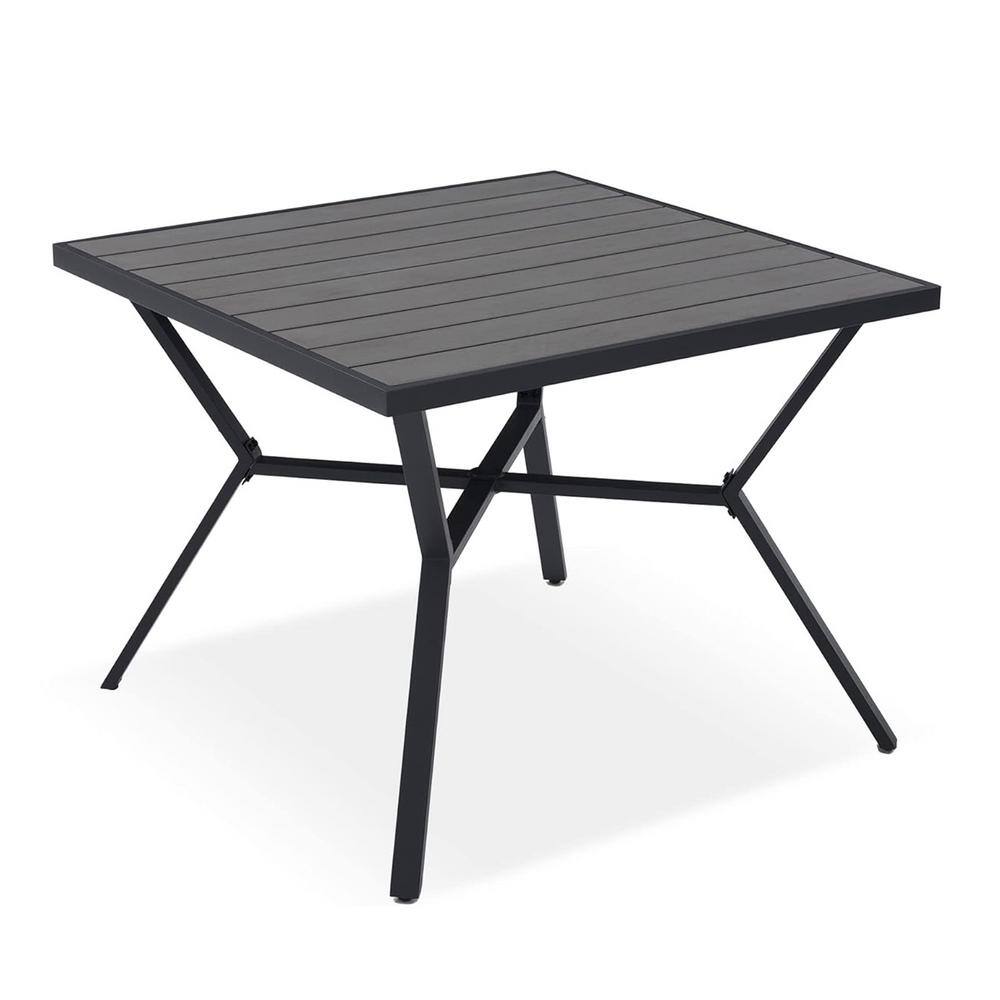 Grey Square Metal Outdoor Dining Table with Faux Woodgrain Tabletop for 4
