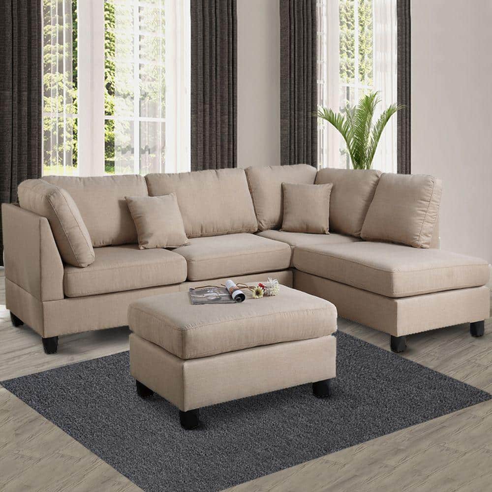 Beige Linen 3-Piece Sectional Sofa with Ottoman