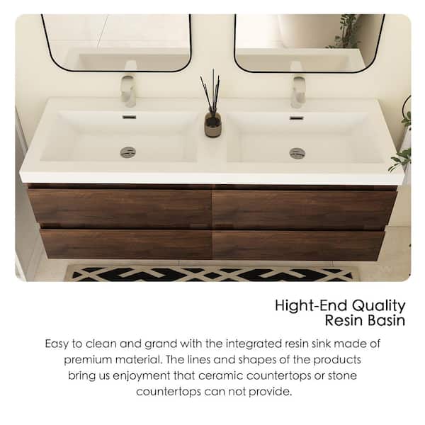 Angela 60 in. W x 19.5 in. D x 20.5 in. H Wall-Mounted Bath Vanity in Rose Wood with White Cultured Marble Top