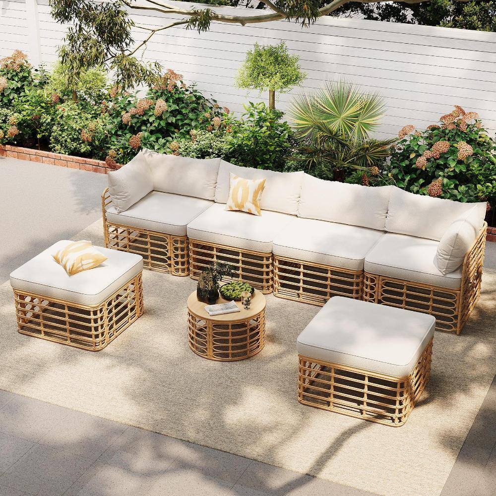 7-Piece Outdoor Wicker Sectional Sofa Set with Beige Thick Cushions & Pillows, Modular Patio Conversation Set for Garden price history on PriceWatchPro