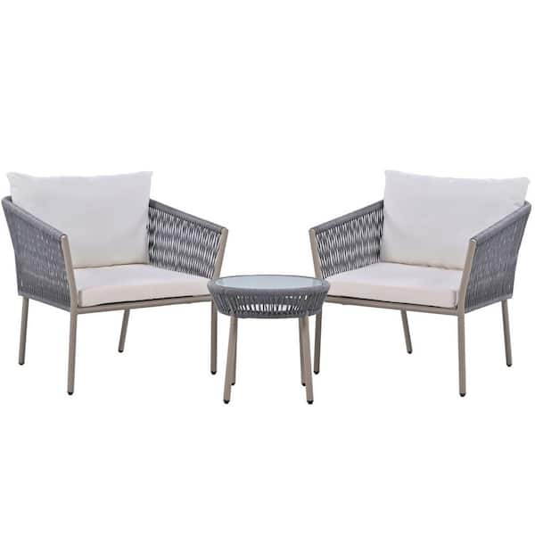 Tunearary 3-Piece Plastic Gray Woven Rope Chair Set Patio Outdoor Bistro Conversation Set with White Cushions