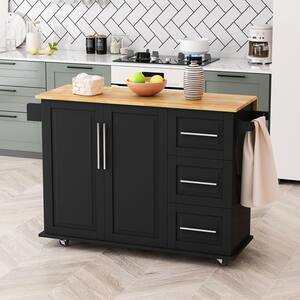 Black Solid Wood Kitchen Cart with Drop Leaf, Towel Rack, Spice Rack and 3-Drawers