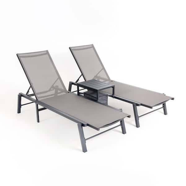 3-Piece Aluminum Outdoor Patio Chaise Lounge Chair Set with Side Table, Adjustable, Grey