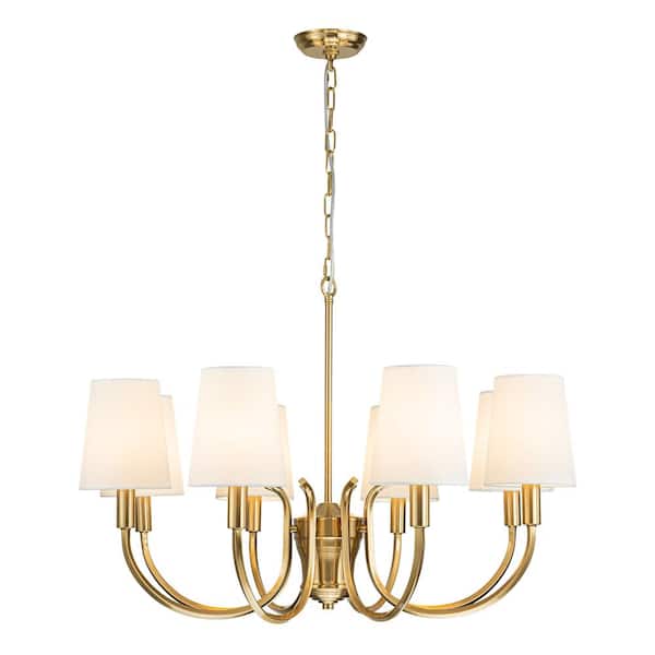8-Light Antique Brass Farmhouse Candlestick Chandelier with Cone Linen Blend Shades