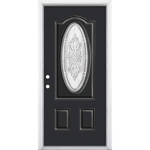 Masonite 36 in. x 80 in. New Haven 3/4 Oval-Lite Right-Hand Inswing Painted Steel Prehung Front Exterior Door with Brickmold