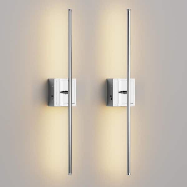28 in. 1-Light Wall Sconces Chrome Wireless Lights with Remote 350° Rotation (2-Pack)