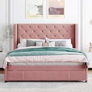65 in.W Pink Queen Size Bed Frame with Storage Drawers, Velvet Upholstered Platform Bed with Wingback Headboard
