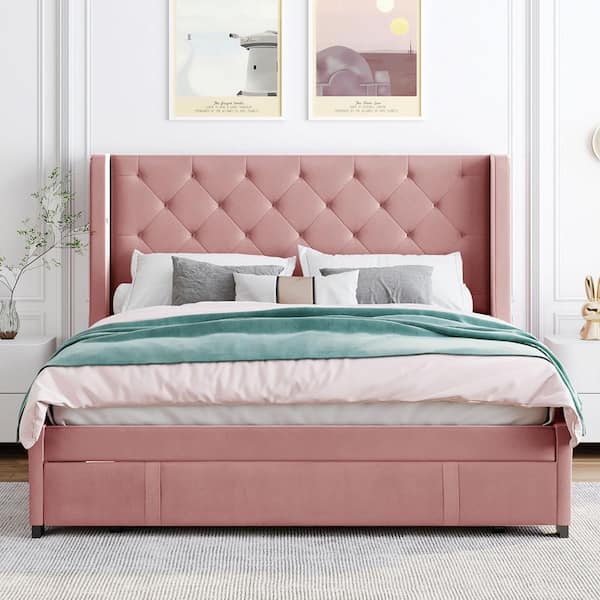 65 in.W Pink Queen Size Bed Frame with Storage Drawers, Velvet Upholstered Platform Bed with Wingback Headboard