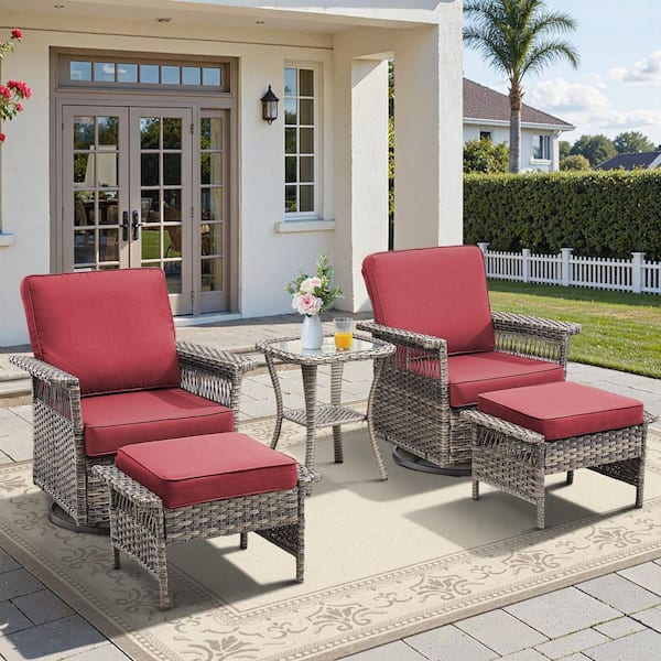 GliderNet Gray 5-Piece Wicker Swivel Rocker Patio Conversation Set with 3.5 in. Thick Red Cushions and Ottomans
