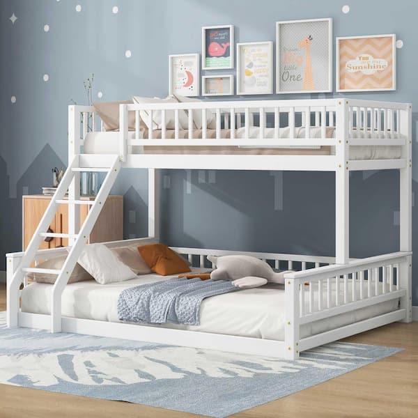 White Twin XL Over Queen Bunk Bed with Ladder and Guardrails