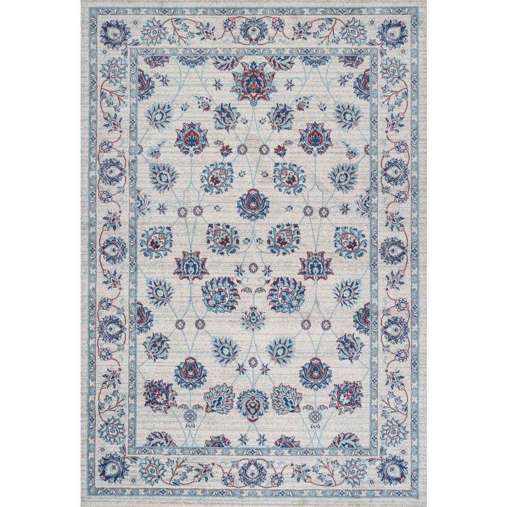 Elegant Vintage Persian-Inspired Ivory/Blue/Red Area Rug - 4' x 6'