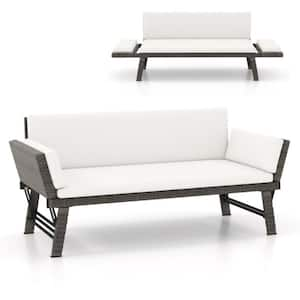 Wicker Outdoor Day Bed with Adjustable Armrests and White Cushions