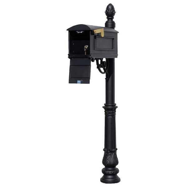 Unbranded Lewiston Black Post Mount Locking Insert Mailbox with decorative Ornate Base and Pineapple Finial