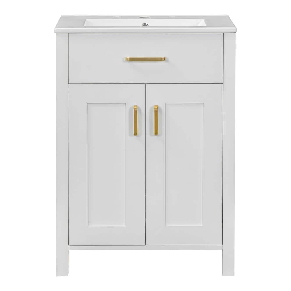 24.2 in. W x 18.5 in. D x 34 in. H Single Freestanding Bath Vanity in White with White Ceramic Top and Adjustable Shelf price history on PriceWatchPro
