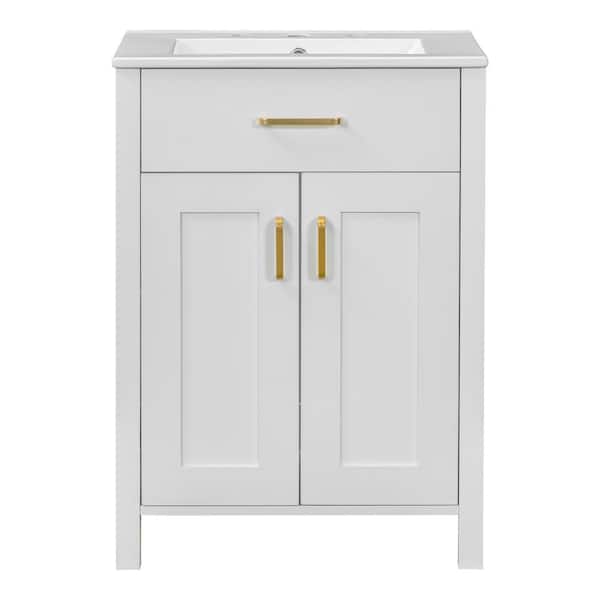 24.2 in. W x 18.5 in. D x 34 in. H Single Freestanding Bath Vanity in White with White Ceramic Top and Adjustable Shelf