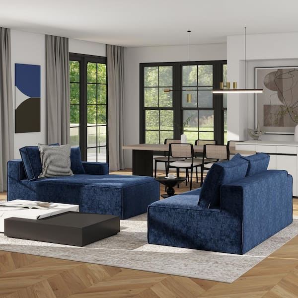 Jennifer Taylor Brenley 110.5 in. RAF Sofa in a Box Living Room Sectional Sofa Couch in Twilight Navy Blue Chenille HXVB R 66550
