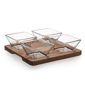 Acaciawood 4-Piece Glass Antipasto Bowl Set with Wood Serving Board