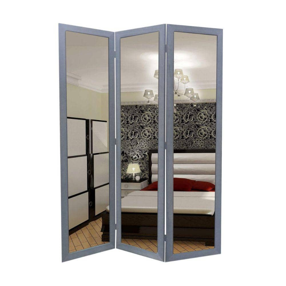 Benjara Light Gray and Silver 3 Panel Wooden Foldable Mirror Encasing Room  Divider BM26591 - The Home Depot