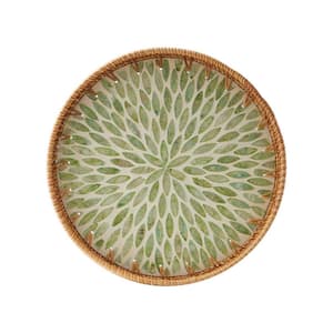 11.8 in. Round Rattan Serving Tray with Mother of Pearl Inlay for Table Decor and Bread Food Fruit Storage, Leaf