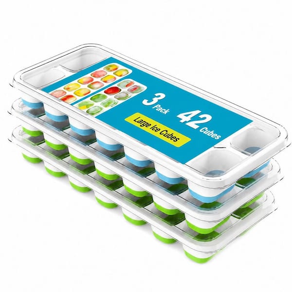 Silicone Ice Cube Trays with Spill-Resistant Lids, 3 Pack, 42 Cubes, Stackable and BPA-Free, for Freezer