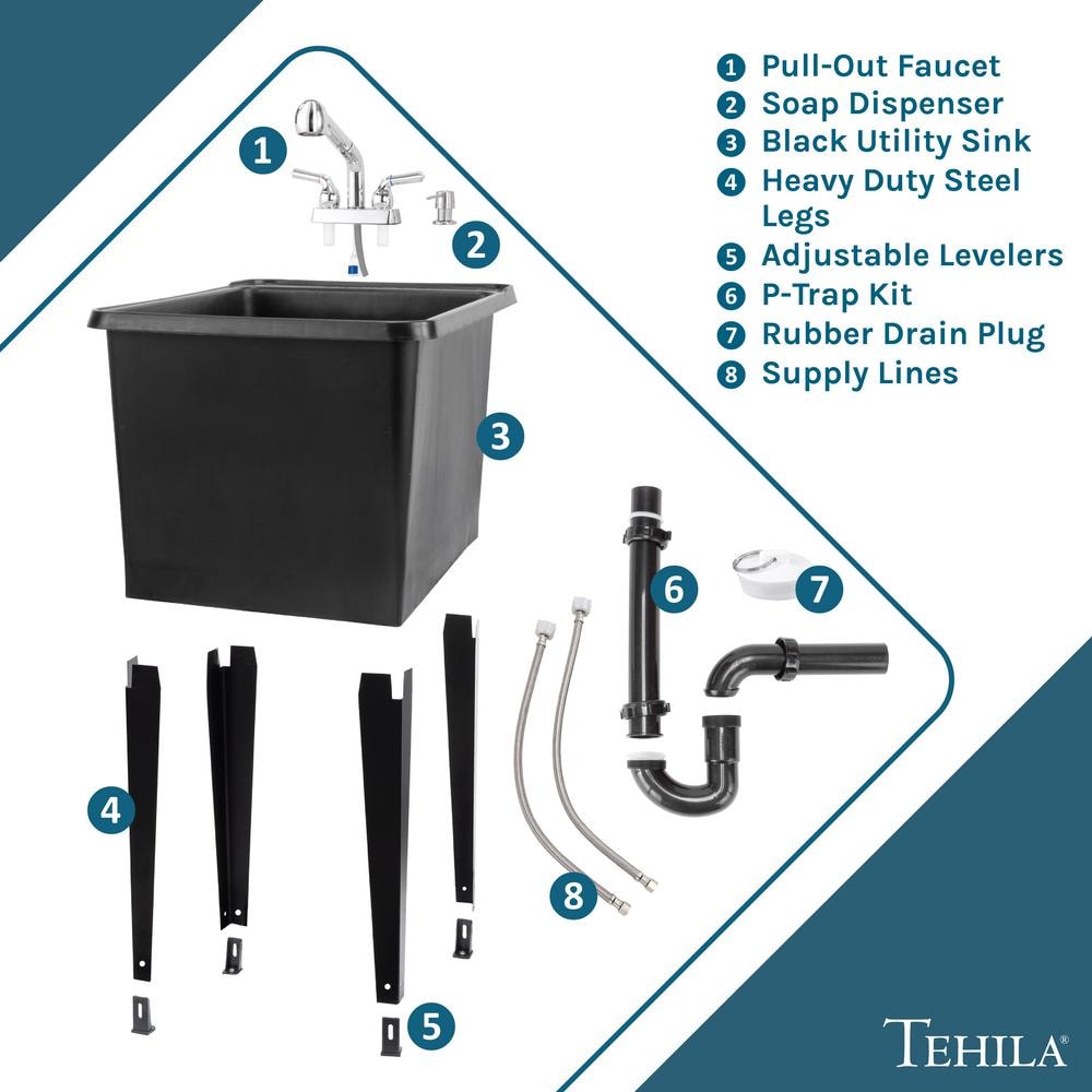 Black Freestanding Utility Sink with Chrome Faucet and Metal Legs
