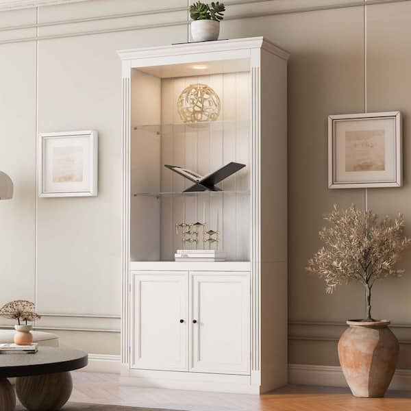 White 78.75 in. Accent Cabinet, Display Cabinet with 5-Colors Dimmable Ceiling Light, Storage and Doors