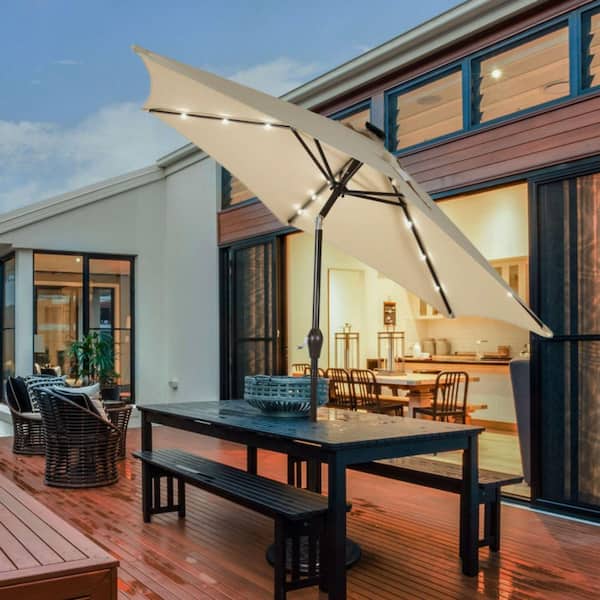 9 ft. Solar LED Light Market Patio Umbrella with Tilt Adjustment in Beige