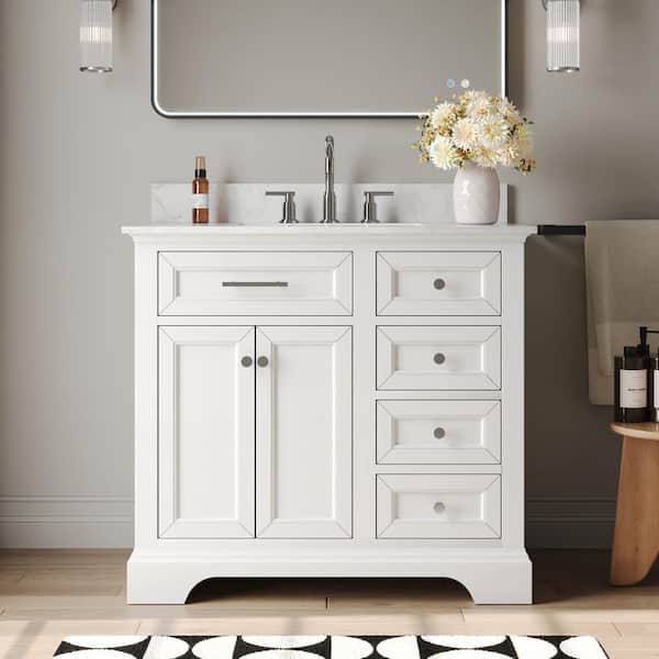 36 in. Single Sink Freestanding White Wood Bath Vanity with White Engineered Marble Top (Assembled)