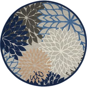 Aloha Blue/Multicolor 8 ft. x 8 ft. Round Floral Modern Indoor/Outdoor Patio Area Rug