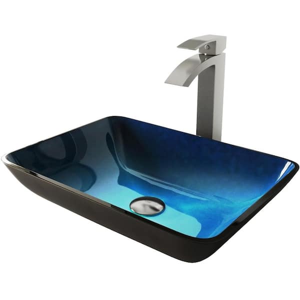 VIGO Glass Rectangular Vessel Bathroom Sink in Turquoise Blue with Duris Faucet and Pop-Up Drain in Brushed Nickel