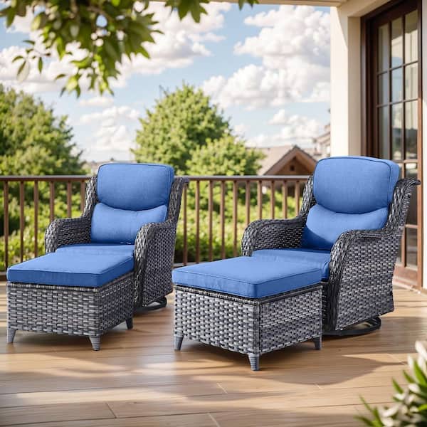 Carolina 4-Piece Gray Wicker Outdoor Swivel Glider Chairs with Thick Blue Cushion