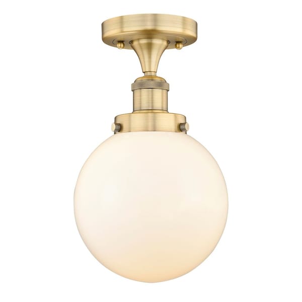Beacon 8 in. 1-Light Brushed Brass Art Nouveau Semi-Flush Mount with Frosted Glass Shade