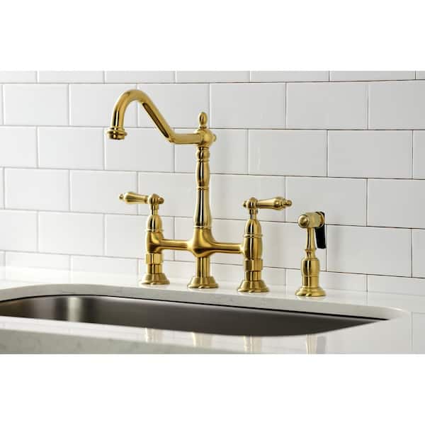 Heritage 2-Handle Bridge Kitchen Faucet with Brass Sprayer in Brushed Brass