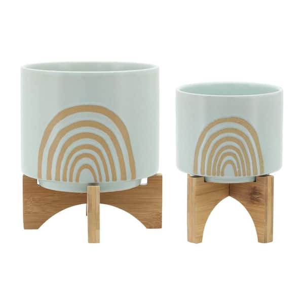 7.75 in. and 5 in. Green Ceramic Arch Planter with Bamboo Wood Stand (Set of 2)