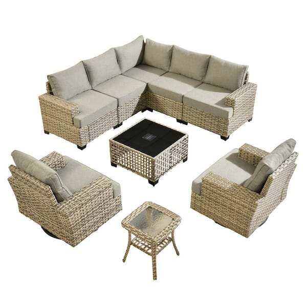 Lauren 9-Piece Wicker Patio Conversation Seating Sofa Set with Dark Gray Cushions and Swivel Rocking Chairs