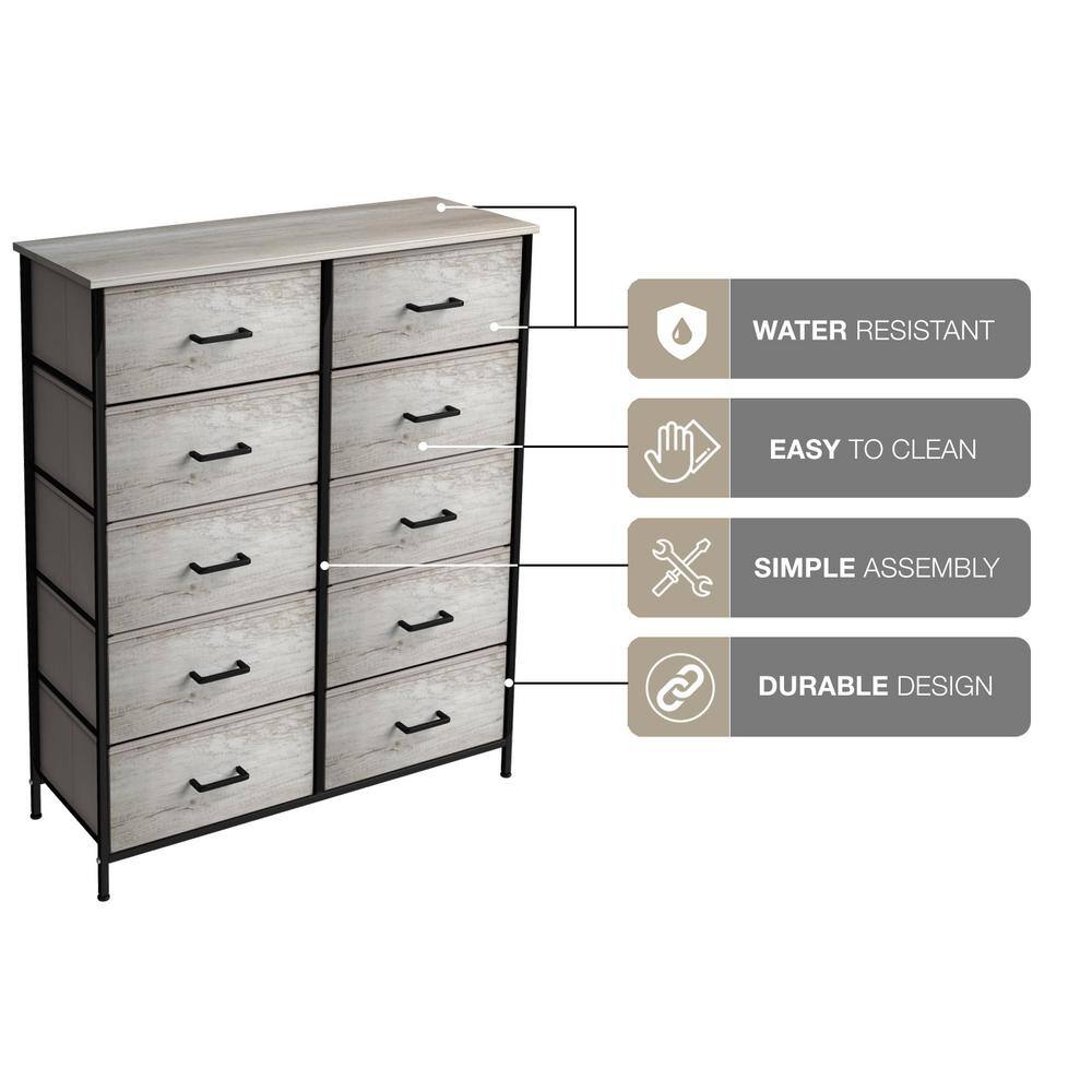 Sorbus Greige 10-Drawer Dresser with Faux Wood Bins & Steel Frame