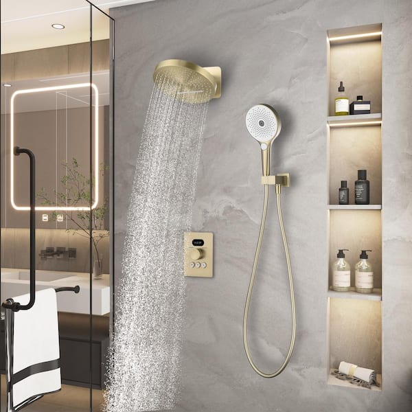 3-Spray 4.76 GPM 12.6 in. Wall Mount Fixed and Handheld Dual Shower Head with Thermostatic Shower Valve in Brushed Gold