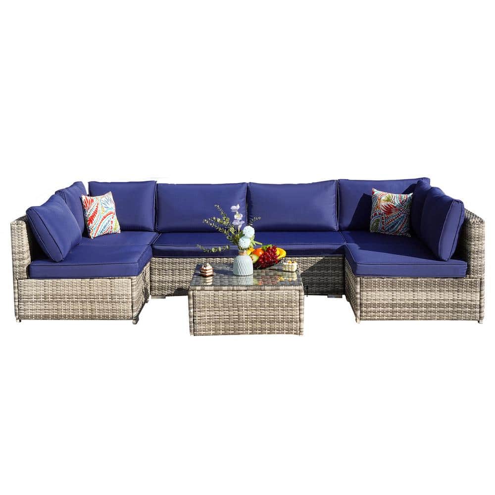 7-Piece Light Grey Wicker Outdoor Sectional Sofa Set with Navy Blue Cushion