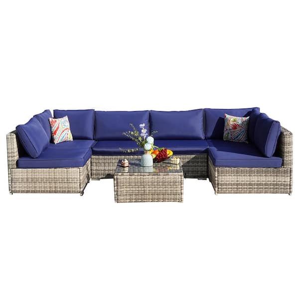 Unbranded 7-Piece Light Grey Wicker Outdoor Sectional Sofa Set with Navy Blue Cushions and Ottomans