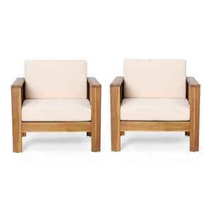 2-Piece Brown Acacia Wood Outdoor Lounge Chair with Beige Cushion