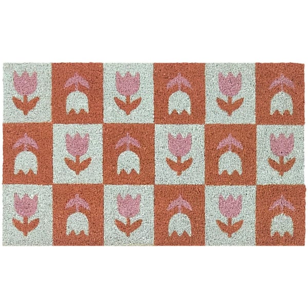 Check Flowers Pink/Blue 18 in. x 30 in. Coir Indoor/Outdoor Door Mat