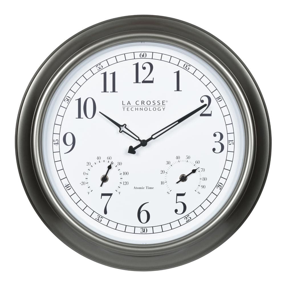 18" Silver Atomic Outdoor Clock with Thermometer and Hygrometer