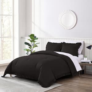 Shatex Ruffled Black Comforter Set Queen- 3 Piece All Season, Ultra Soft Polyester - Black with Ruffles