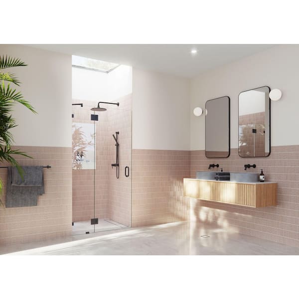 Glass Warehouse Halo 38.25 in. W x 78 in. H Glass Hinged Frameless Shower Door in Matte Black with Clear Glass
