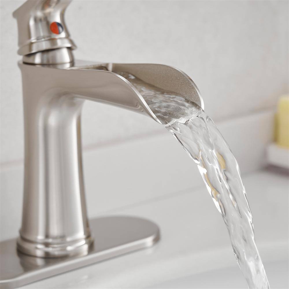 Brushed Nickel Single Handle Waterfall Bathroom Faucet with Pop-Up Drain