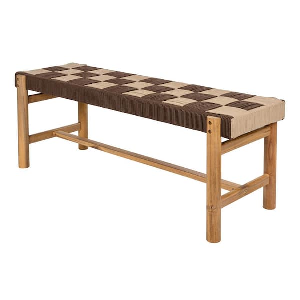 Denis 48 in. 2-Seat Backless 700 lbs. Support Acacia Wood Outdoor Bench with Checkerboard Woven Rope Seat, Brown/Beige