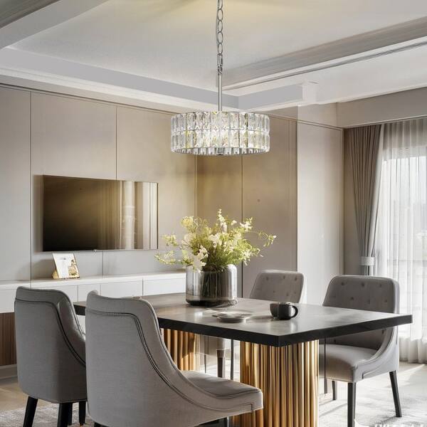 三八 Emeritpro 12 in. 3-Light Drum Chrome Chandelier Pendant Lamp
