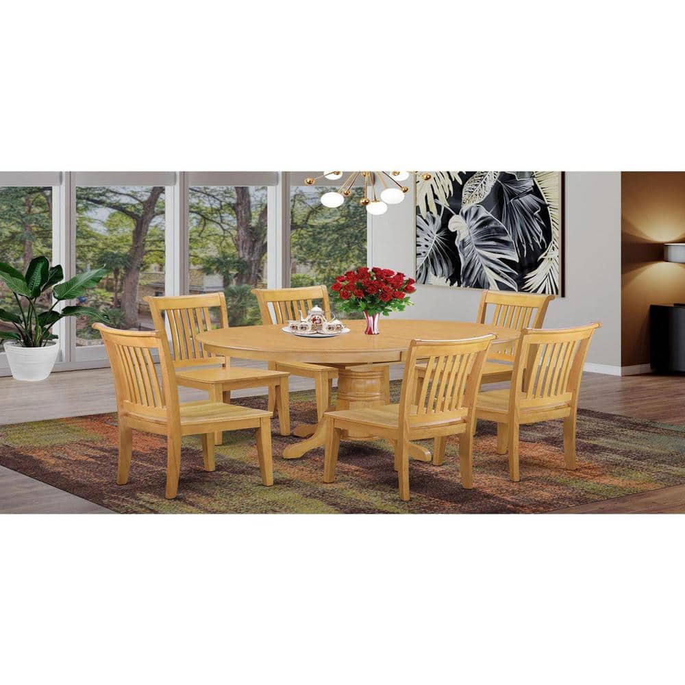 Oak Finish 7-Piece Round Pedestal Dining Set